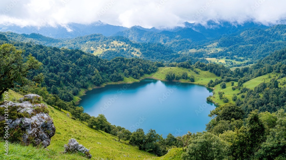 Mountain lake scenic view, lush greenery, cloudy sky, tranquil landscape, nature photography Mountain lake scenic view, lush greenery, cloudy sky, tranquil landscape, nature photography