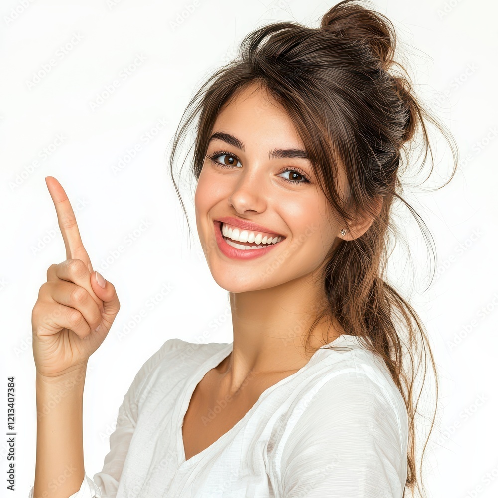 Woman with an Open Smile Pointing to the Side on a Bright Background Woman with an Open Smile Pointing to the Side on a Bright Background