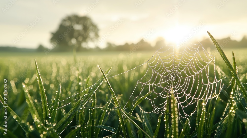 Fototapeta premium A serene morning scene featuring dew-covered grass, a delicate spider web, and sunlight filtering through, creating a tranquil atmosphere.