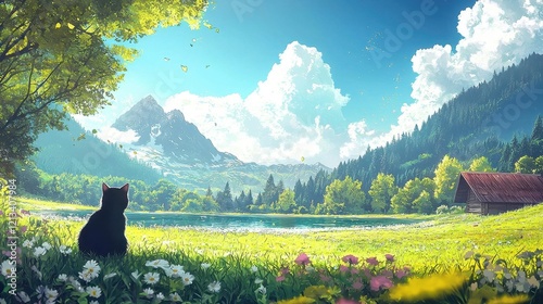 Delightful manga depiction of a cute black cat in tranquil surroundings.