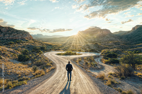 The image depicts a lone person standing on a winding road in a desert landscape at sunset, with mountains and a dramatic sky in the background photo