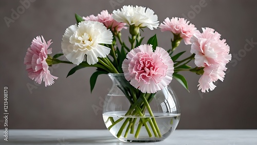 Glass vase with pink carnations on a minimalist gray background in soft natural lighting.