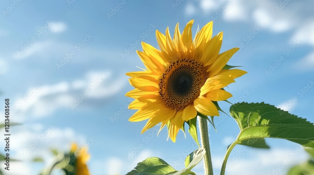 A vibrant sunflower blooms against a clear blue sky, showcasing its bright yellow petals and rich dark center. A vibrant sunflower blooms against a clear blue sky, showcasing its bright yellow petals and rich dark center.