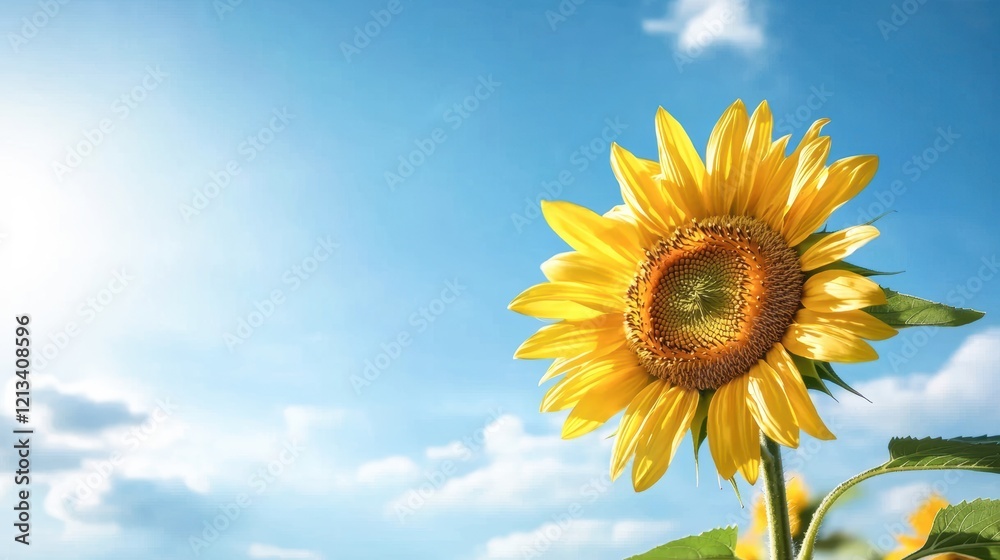 A vibrant sunflower stands tall against a bright blue sky with fluffy clouds, soaking in sunlight and radiating warmth and cheer. A vibrant sunflower stands tall against a bright blue sky with fluffy clouds, soaking in sunlight and radiating warmth and cheer.