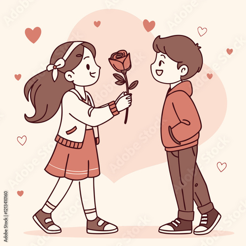 Valentine day girl and boy have a rose in hand