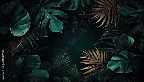 Fototapeta Naklejka Na Ścianę i Meble -  A dark, tropical jungle leaves background showcasing rich colors.