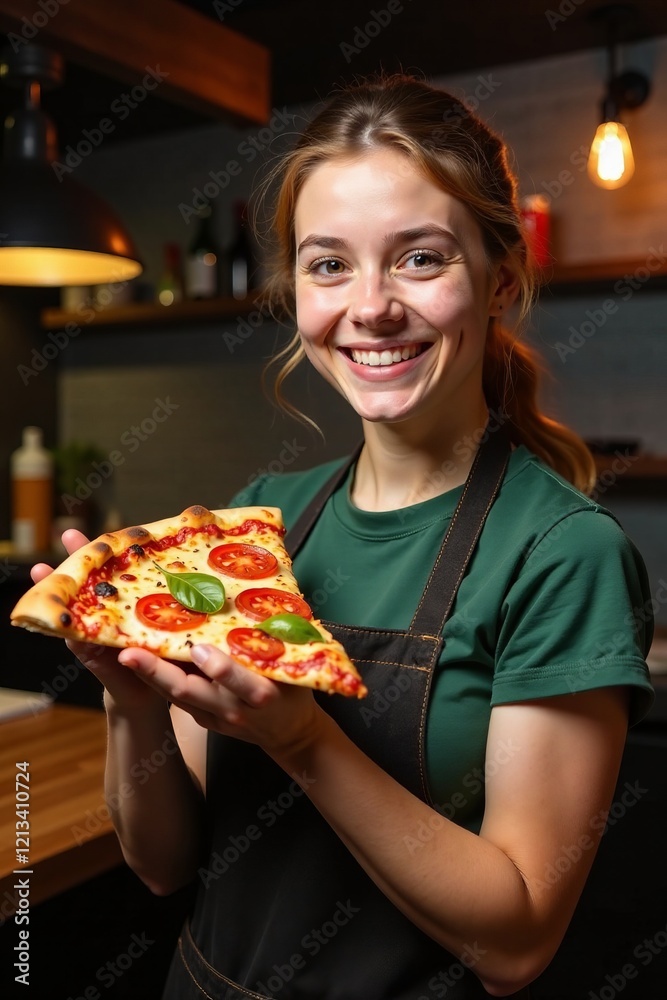 A young woman proudly presents a delicious slice of pizza in a warm restaurant setting. A young woman proudly presents a delicious slice of pizza in a warm restaurant setting.