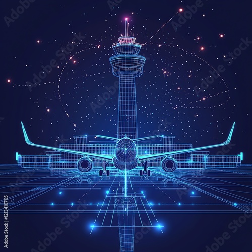 Airplane on runway, air traffic control tower, digital wireframe.