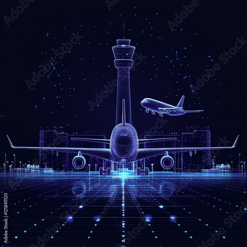 Airplane landing at night, digital art.