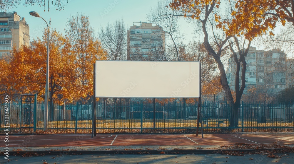 Blank billboard in autumn park setting. Perfect for advertising or mockup designs. Blank billboard in autumn park setting. Perfect for advertising or mockup designs.