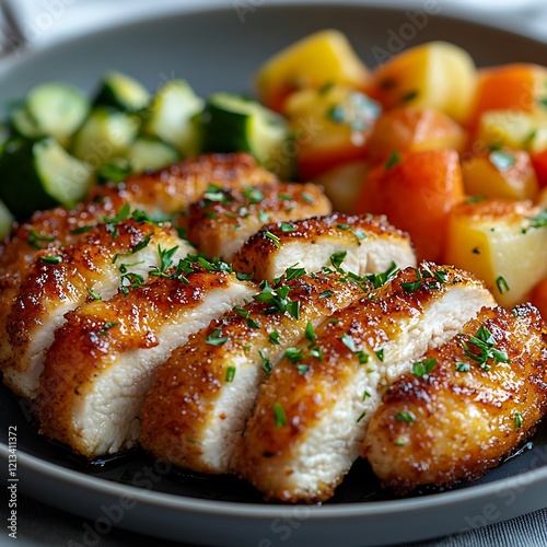 Golden-breaded chicken cordon bleu plated alongside steamed vegetables and garnished with fresh herbs photo