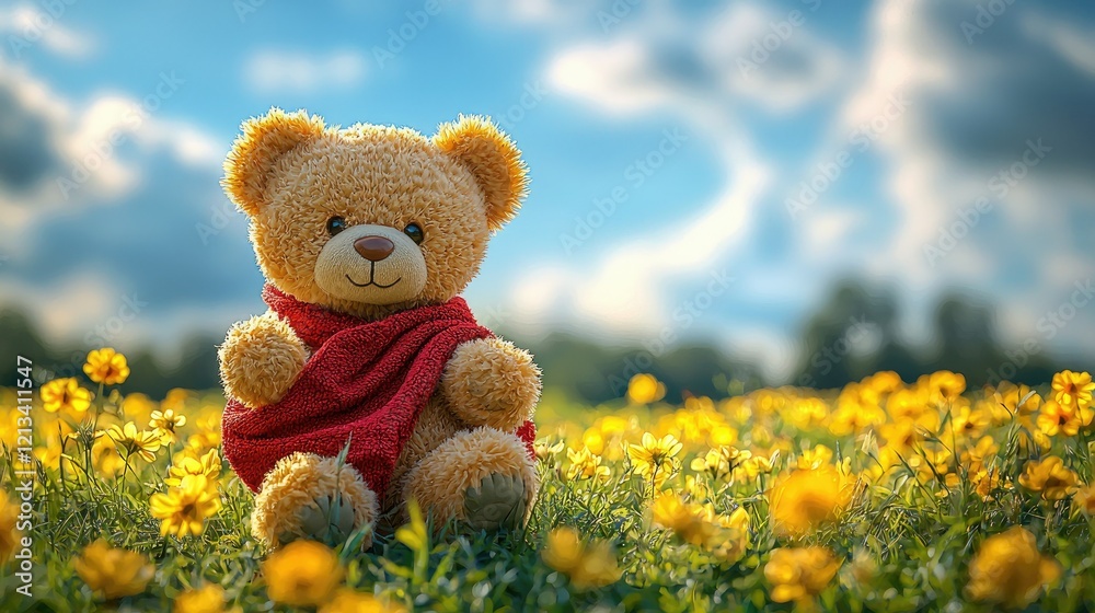 Fototapeta premium Teddy Bear Sitting In A Field Of Yellow Flowers
