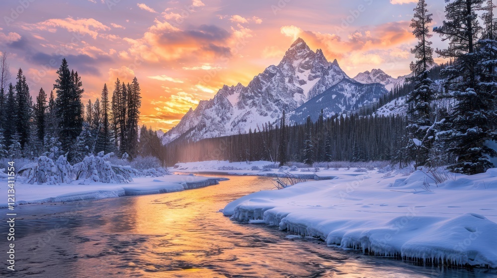 Beautiful river with snow covered mountains, AI generated image Beautiful river with snow covered mountains, AI generated image