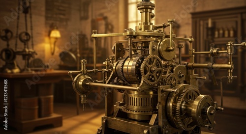 Antique Brass Gear Mechanism: A Steampunk Masterpiece in a Rustic Workshop photo