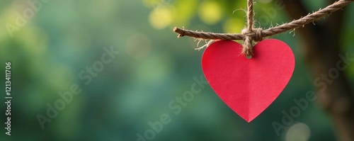 A vibrant red heart hanging from a branch, symbolizing love and nature's beauty. photo