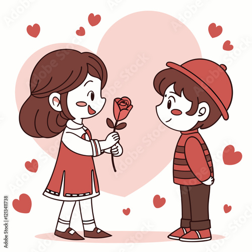 Valentine day girl and boy have a rose in hand