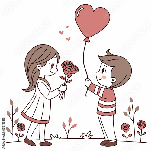 Valentine day girl and boy have a rose in hand
