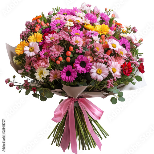 A large bouquet of flowers tied with a ribbon, cut out. Isolated on transparent or white background