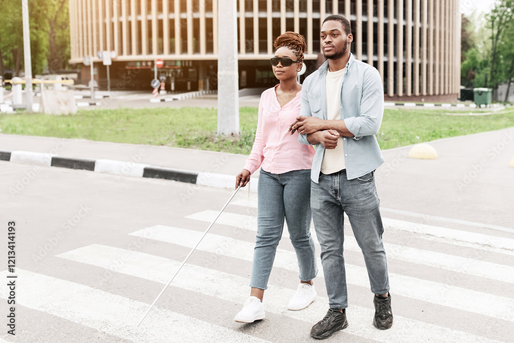 Φωτογραφία Millennial African American woman with vision disability crossing city street with her boyfriend or caregiver, copy space