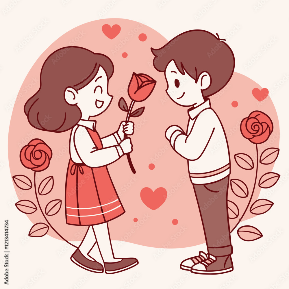 Valentine day girl and boy have a rose in hand Valentine day girl and boy have a rose in hand