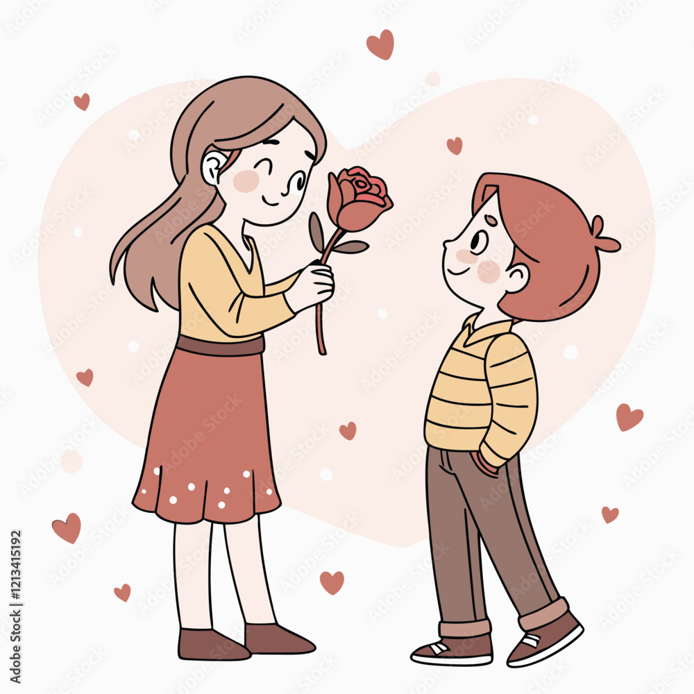 Valentine day girl and boy have a rose in hand Valentine day girl and boy have a rose in hand