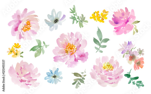 Watercolor Abstract Pink Peonies, Wildflowers, and Leaves Vector Illustration Set. Hand-Painted Floral Background Illustrations for Spring with transparent background.