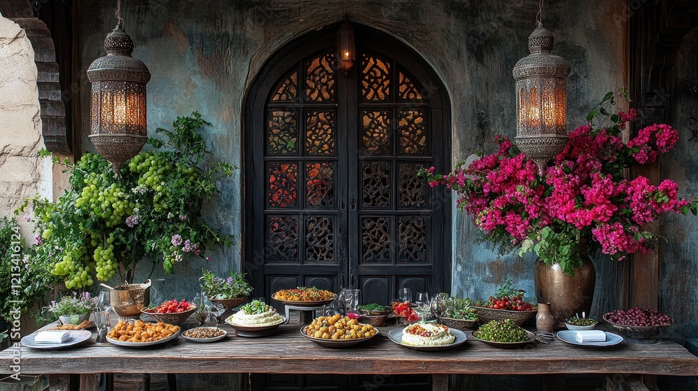 Obraz premium Middle Eastern buffet feast, outdoor setting, ancient door backdrop
