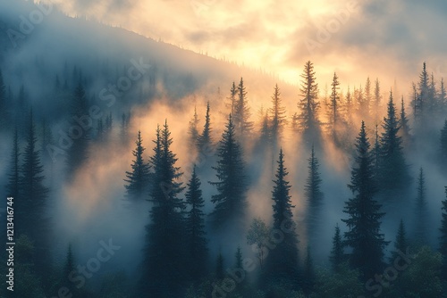 Magical Sunrise Illuminating Misty Mountain Forest, creating a Serene and Peaceful Atmosphere