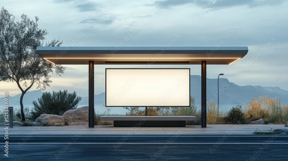 Futuristic Eco-Friendly Bus Stop with Solar Power and Modern Design Surrounded by Nature and Scenic Mountains Futuristic Eco-Friendly Bus Stop with Solar Power and Modern Design Surrounded by Nature and Scenic Mountains