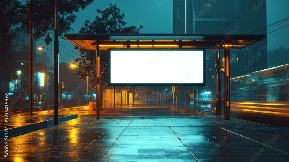 Futuristic Frameless Glass Bus Stop Under Neon Lights in Urban Environment at Night Futuristic Frameless Glass Bus Stop Under Neon Lights in Urban Environment at Night