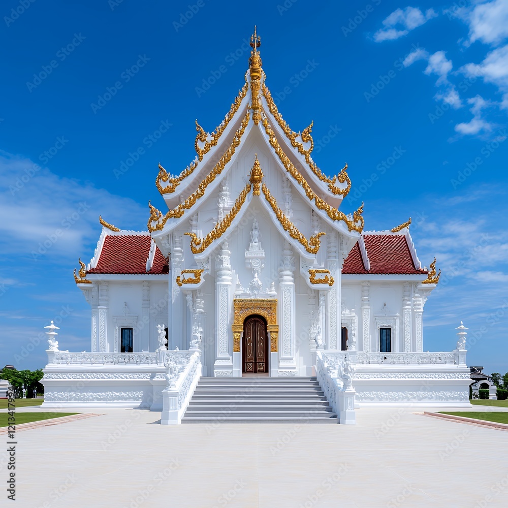 Fototapeta premium Majestic White Temple with Ornate Details under a Bright Blue Sky, showcasing traditional Southeast Asian religious architecture.