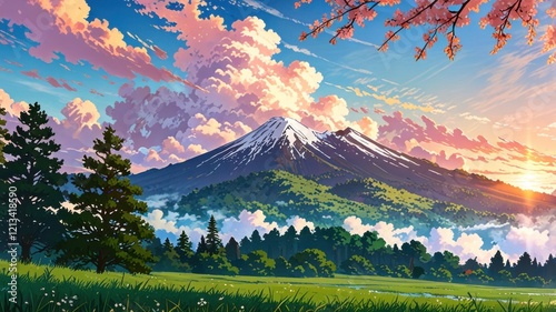 anime landscape wallpaper sunset in the mountains