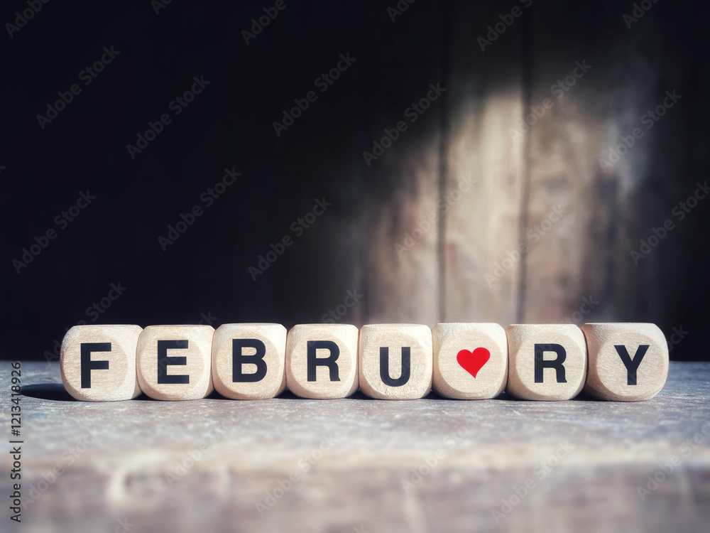 Obraz premium February word on wooden cubes in retro style background. Stock photo.