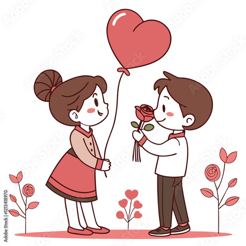 Valentine day girl and boy have a rose in hand