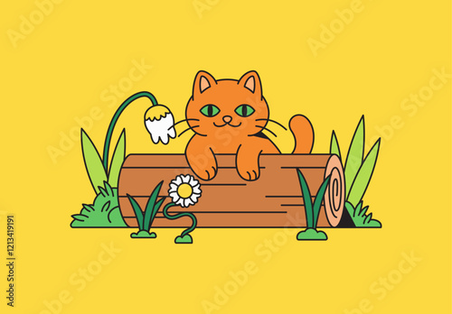 Orange cat relaxing on a log amidst flowers and grass cartoon hand drawn vector illustration perfect for pet and nature themes