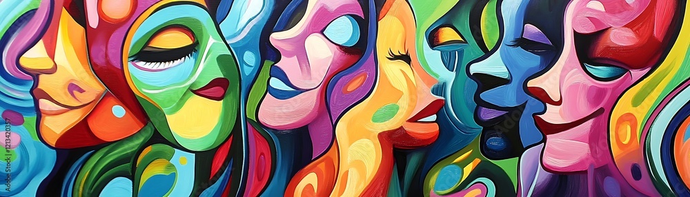 Obraz premium Abstract Art of Intertwined Faces in Vivid Colors