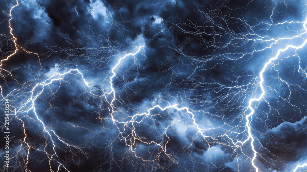 Intense lightning storm with multiple bright bolts of lightning branching across a dark, stormy sky - Generative AI Intense lightning storm with multiple bright bolts of lightning branching across a dark, stormy sky - Generative AI