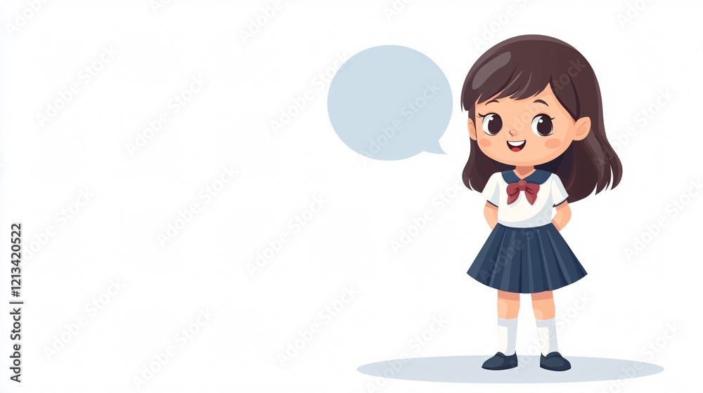 Adorable schoolgirl with speech bubble for text - Perfect for educational displays, cute child character illustration Adorable schoolgirl with speech bubble for text - Perfect for educational displays, cute child character illustration