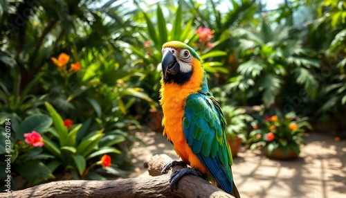 Colorful Parrot in Exotic Botanical Setting with Blooming Flowers