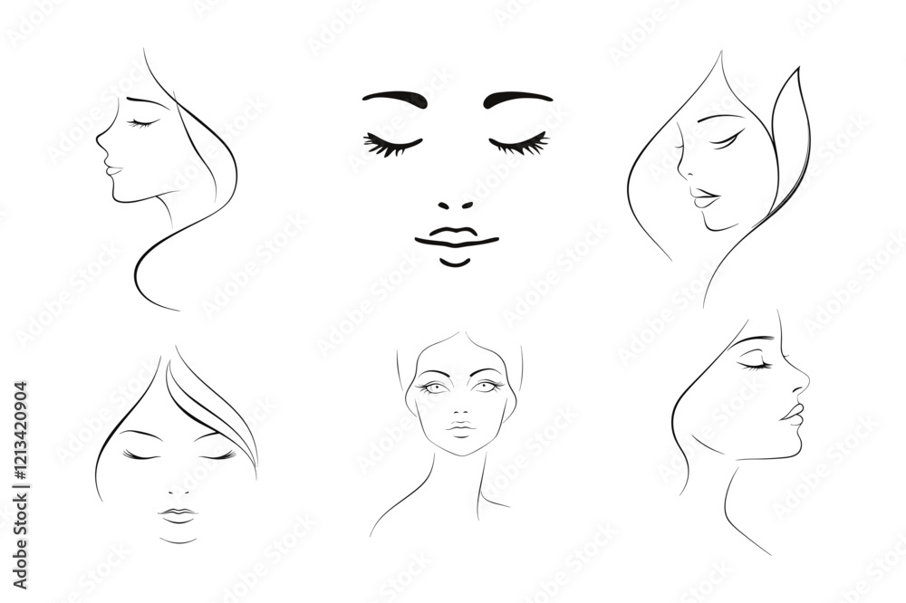 beauty women face line art vector design isolated on white background. set of minimalistic women face line art design. beauty women face line art vector design isolated on white background. set of minimalistic women face line art design.