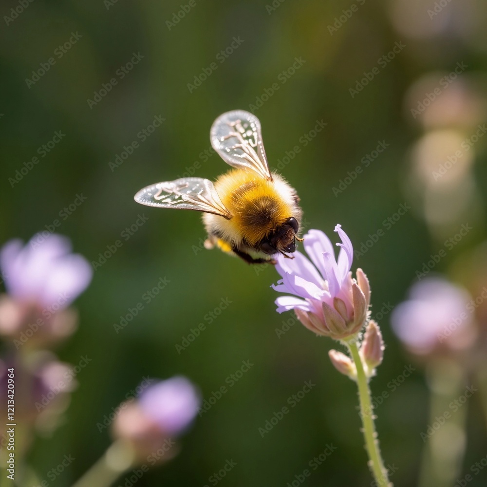 A bee sucking nectar from a purple flower. The wings of the bee look transparent with beautiful patterns. A bee sucking nectar from a purple flower. The wings of the bee look transparent with beautiful patterns.