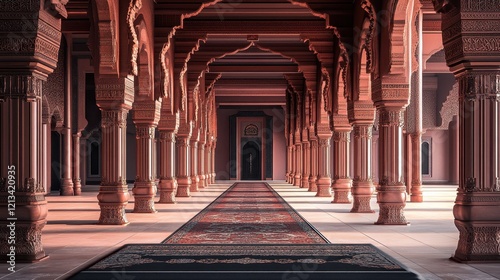 Ornate Columns Line A Grand Hallway Leading To A Door