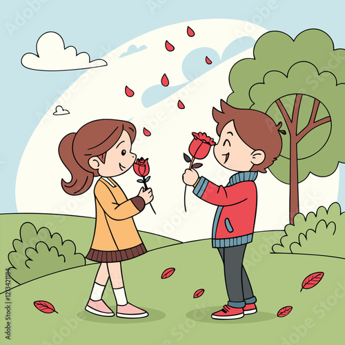Valentine day girl and boy have a rose in hand