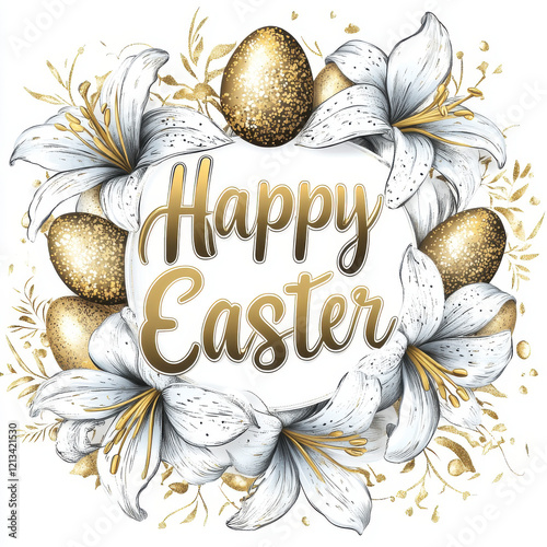 Happy Easter text surrounded by a floral wreath of elegant white lilies and golden glittered eggs on a clean white background in a luxurious and festive sticker design photo