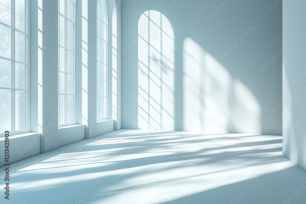 Fototapeta premium 3D Rendered Empty White Room with Window Light, for Presentation. Futuristic Interior, Soft Lighting, Flat Lay.