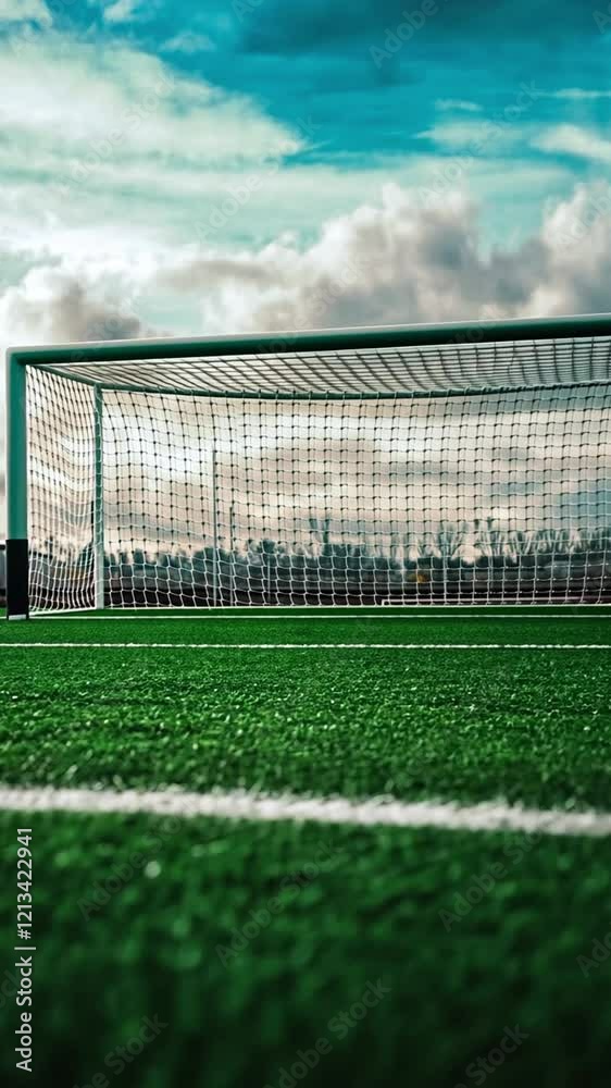 A low-angle view of a soccer goal on a vibrant green field under a dramatic sky, ideal for sports themes