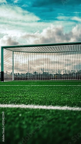 A low-angle view of a soccer goal on a vibrant green field under a dramatic sky, ideal for sports themes