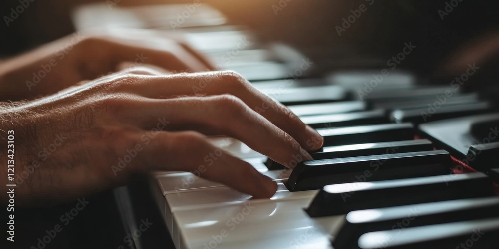Fototapeta premium Hands playing piano keys, indoor setting, music practice.