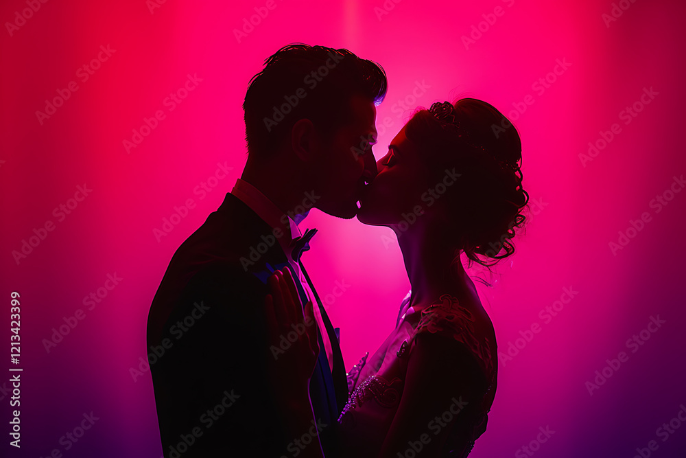 romantic silhouette, silhouetted couple kissing on magenta background, with passion and space for text romantic silhouette, silhouetted couple kissing on magenta background, with passion and space for text