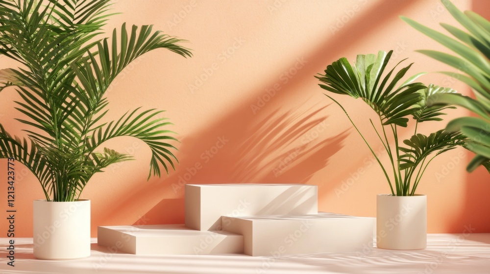 Modern display of potted plants and geometric decor Modern display of potted plants and geometric decor